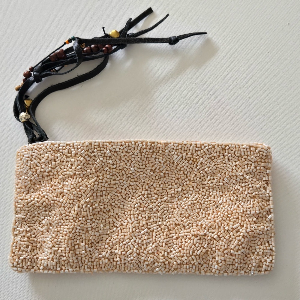Fredd + Basha Cream Beaded Clutch Crossbody – Boho Bead Wristlet Leather Tassel